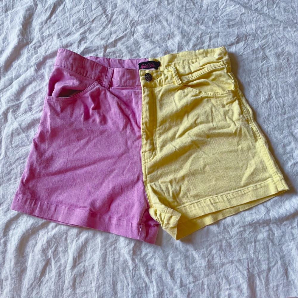 Motel Rocks Pastel Color Block Highwaisted Shorts - Pink and Yellow